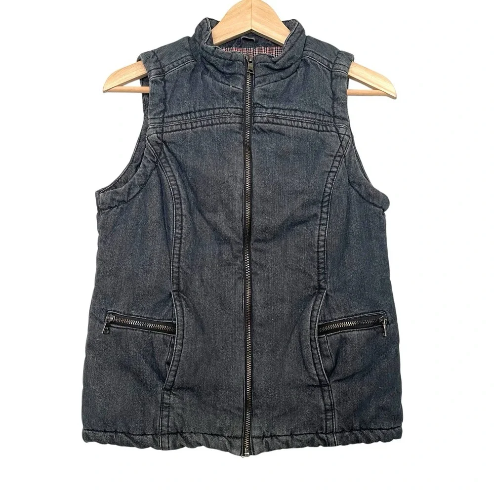 Liz Claiborne Denim Vest Womens S Grey Dark Wash Zip Up Plaid Lined Pockets